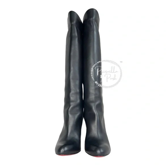 Christian Louboutin Black Leather Tall Leather Boots Over the knee block heel 37.5