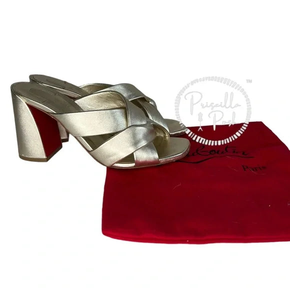 Christian Louboutin Dispo Club Leather Sandals 85 Silver Gold Metallic Heel 38