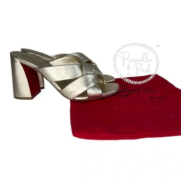 Christian Louboutin Dispo Club Leather Sandals 85 Silver Gold Metallic Heel 38