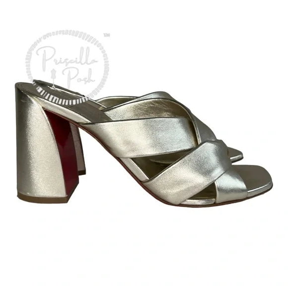 Christian Louboutin Dispo Club Leather Sandals 85 Silver Gold Metallic Heel 38