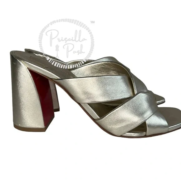 Christian Louboutin Dispo Club Leather Sandals 85 Silver Gold Metallic Heel 38