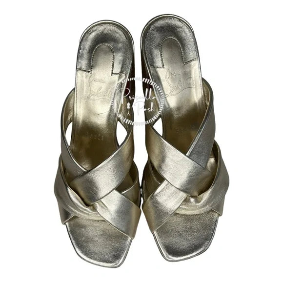 Christian Louboutin Dispo Club Leather Sandals 85 Silver Gold Metallic Heel 38
