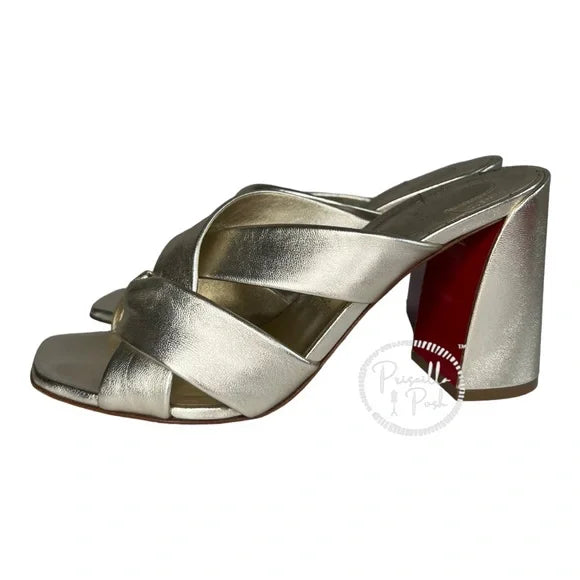 Christian Louboutin Dispo Club Leather Sandals 85 Silver Gold Metallic Heel 38