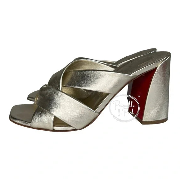 Christian Louboutin Dispo Club Leather Sandals 85 Silver Gold Metallic Heel 38