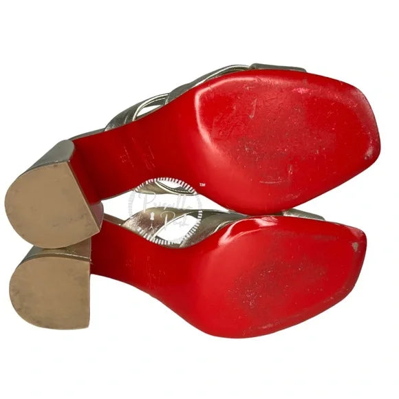 Christian Louboutin Dispo Club Leather Sandals 85 Silver Gold Metallic Heel 38