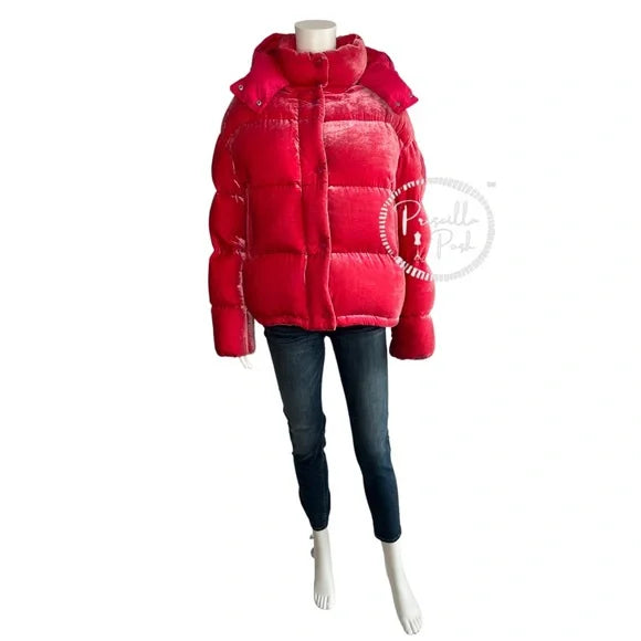 Moncler Hot Pink Velvet Quilted Down Puffer Jacket Goose Down Puffer Coat