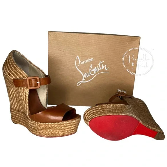 Christian Louboutin Praia 140 Espadrilles Wedges Camel Brown Platform Jute 39