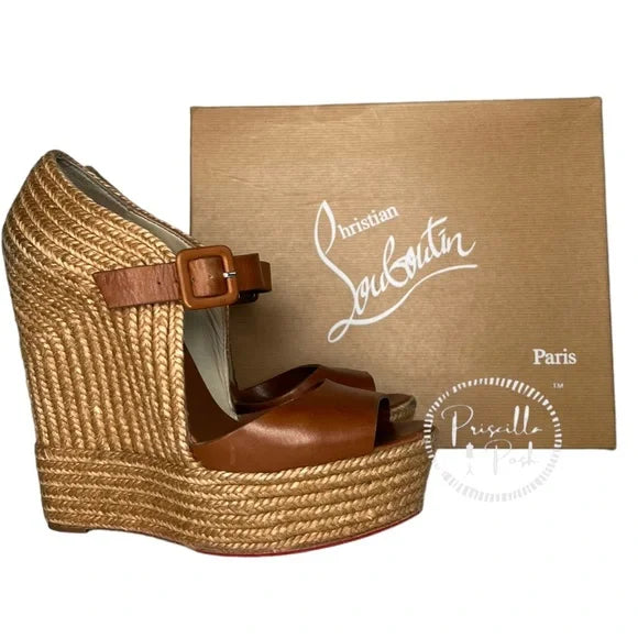Christian Louboutin Praia 140 Espadrilles Wedges Camel Brown Platform Jute 39