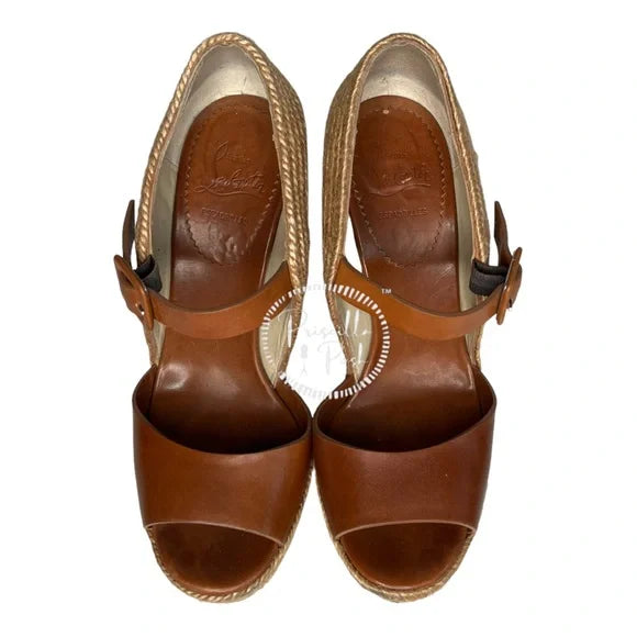 Christian Louboutin Praia 140 Espadrilles Wedges Camel Brown Platform Jute 39