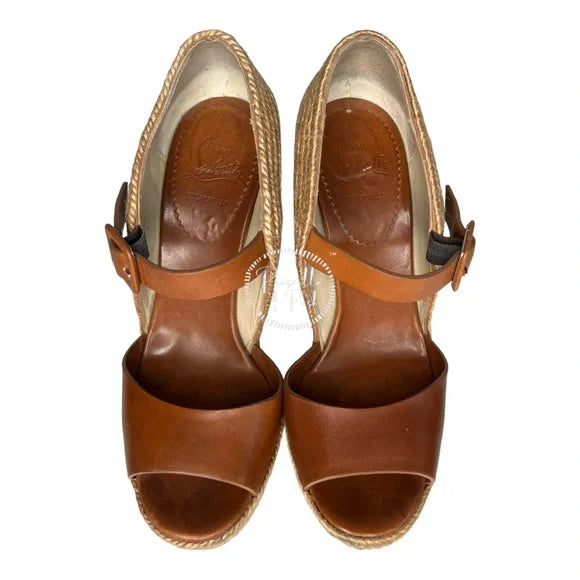 Christian Louboutin Praia 140 Espadrilles Wedges Camel Brown Platform Jute 39