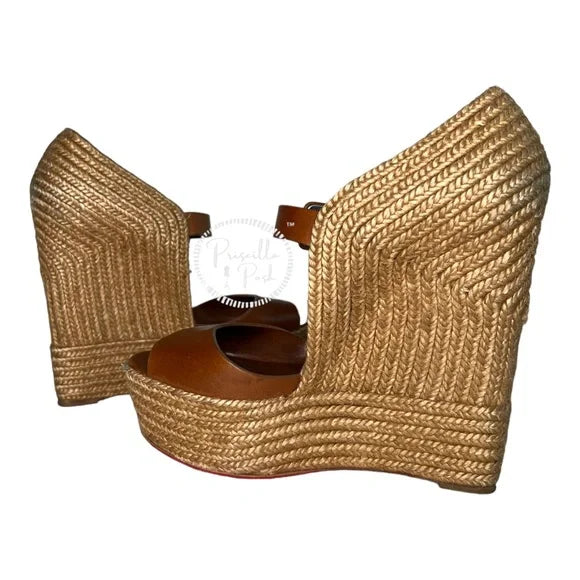 Christian Louboutin Praia 140 Espadrilles Wedges Camel Brown Platform Jute 39