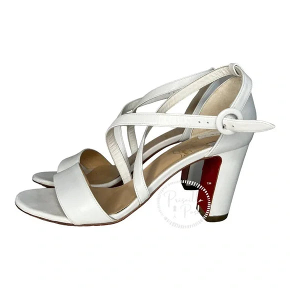 Christian Louboutin White Block Heels Ankle Strap Open Toe Square Heel Bridal 37