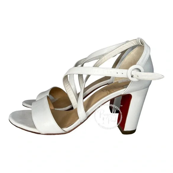 Christian Louboutin White Block Heels Ankle Strap Open Toe Square Heel Bridal 37