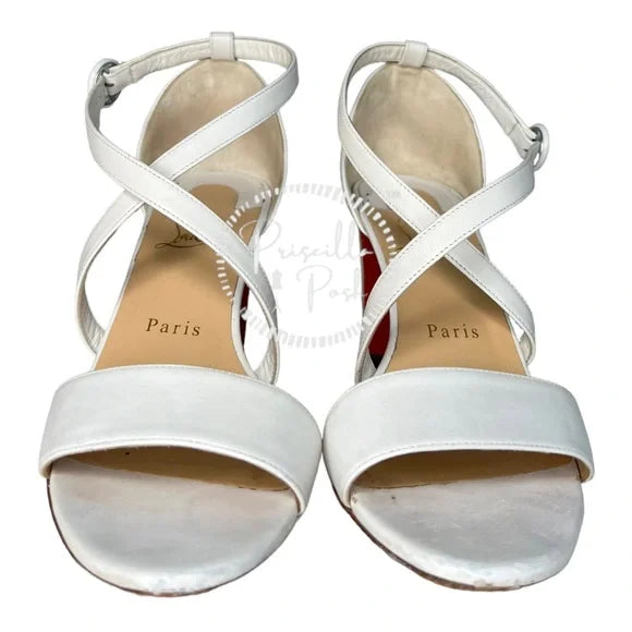 Christian Louboutin White Block Heels Ankle Strap Open Toe Square Heel Bridal 37