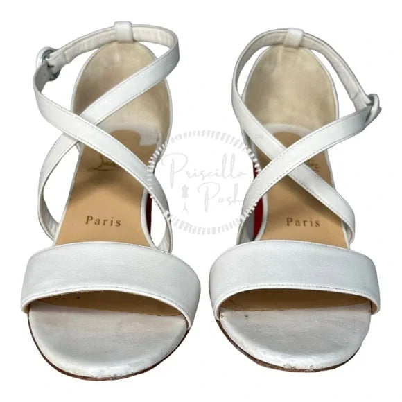 Christian Louboutin White Block Heels Ankle Strap Open Toe Square Heel Bridal 37