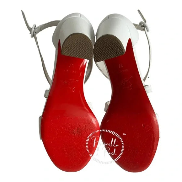 Christian Louboutin White Block Heels Ankle Strap Open Toe Square Heel Bridal 37