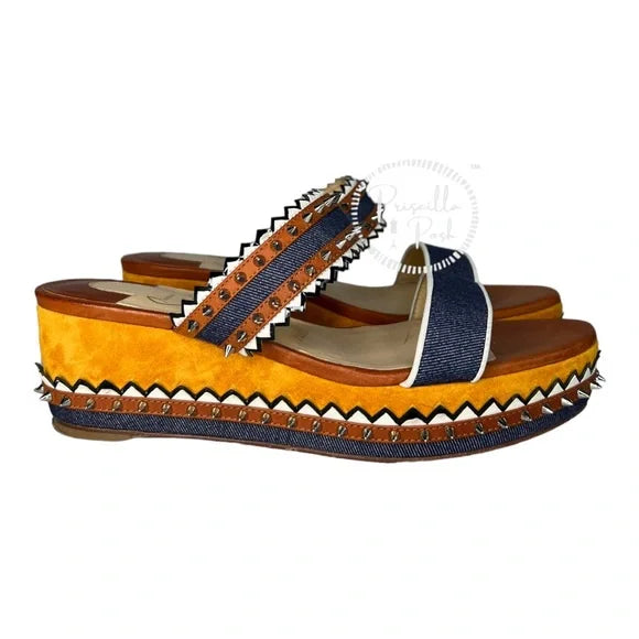 Christian Louboutin Spike Studs Denim Suede Leather Sandals Wedge Espadrilles 37