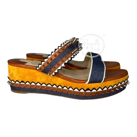 Christian Louboutin Spike Studs Denim Suede Leather Sandals Wedge Espadrilles 37