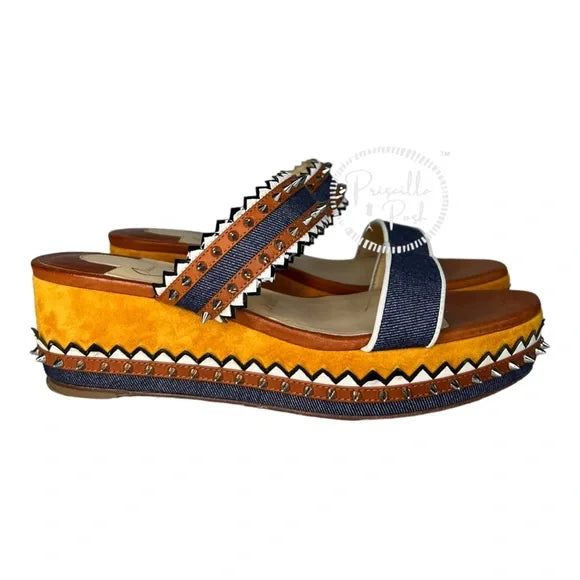 Christian Louboutin Spike Studs Denim Suede Leather Sandals Wedge Espadrilles 37