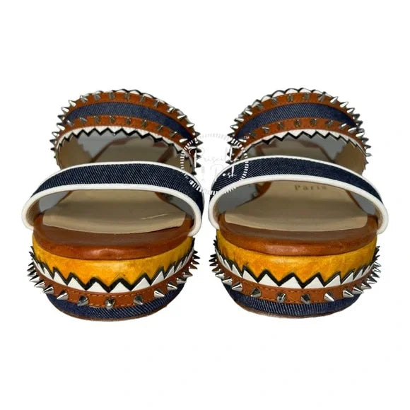 Christian Louboutin Spike Studs Denim Suede Leather Sandals Wedge Espadrilles 37