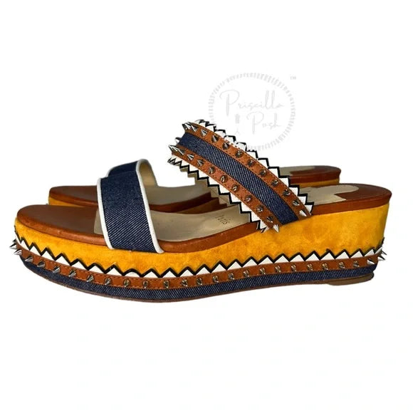 Christian Louboutin Spike Studs Denim Suede Leather Sandals Wedge Espadrilles 37