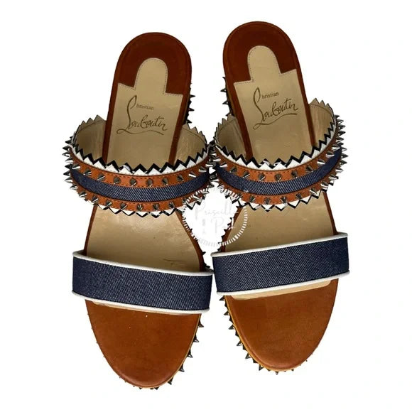 Christian Louboutin Spike Studs Denim Suede Leather Sandals Wedge Espadrilles 37
