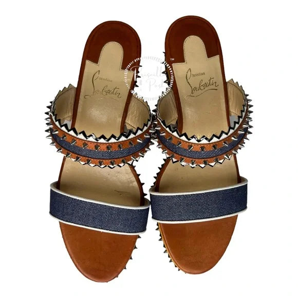 Christian Louboutin Spike Studs Denim Suede Leather Sandals Wedge Espadrilles 37