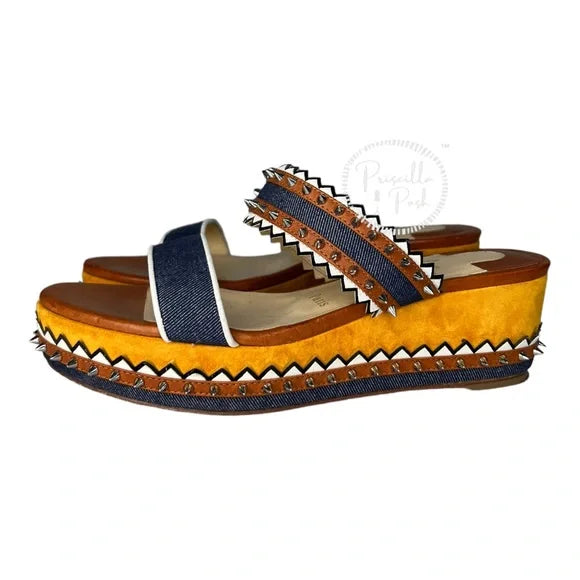 Christian Louboutin Spike Studs Denim Suede Leather Sandals Wedge Espadrilles 37