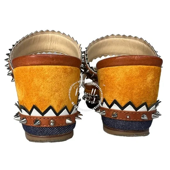 Christian Louboutin Spike Studs Denim Suede Leather Sandals Wedge Espadrilles 37