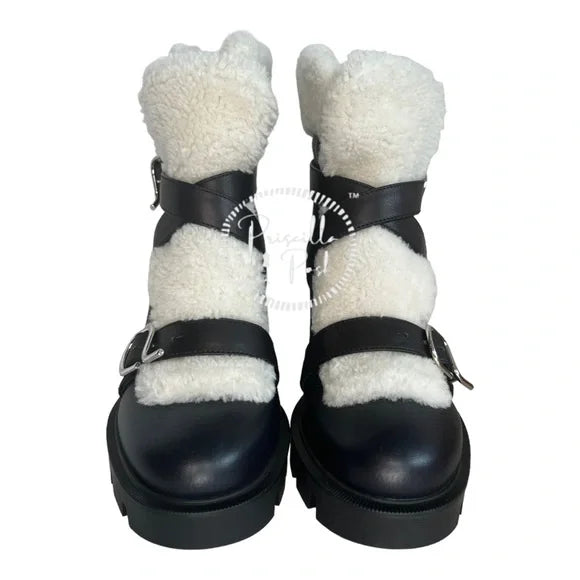 NWB Christian Louboutin Pole Chic Shearling Red Sole Combat Booties, Black 41