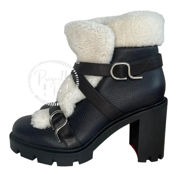 NWB Christian Louboutin Pole Chic Shearling Red Sole Combat Booties, Black 41
