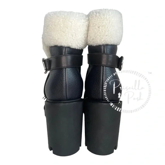 NWB Christian Louboutin Pole Chic Shearling Red Sole Combat Booties, Black 41