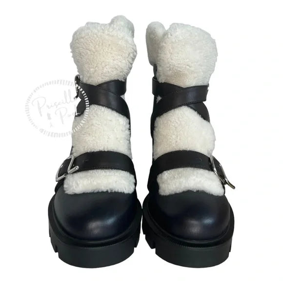 NWB Christian Louboutin Pole Chic Shearling Red Sole Combat Booties, Black 41