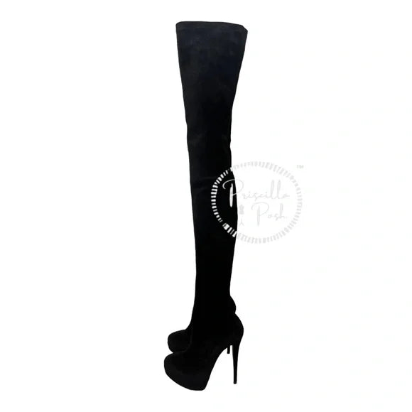 NEW Christian Louboutin Black Suede Gazolina Suede Over The Knee Boots 36.5