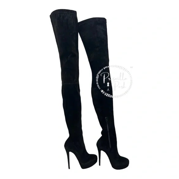 NEW Christian Louboutin Black Suede Gazolina Suede Over The Knee Boots 36.5