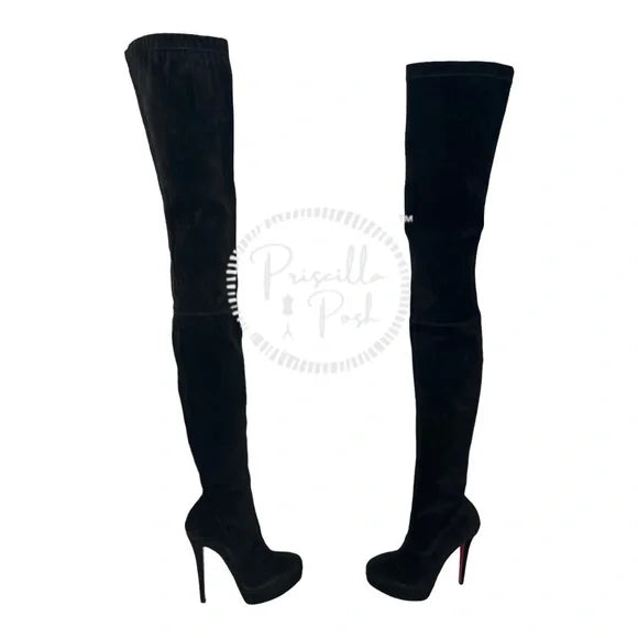NEW Christian Louboutin Black Suede Gazolina Suede Over The Knee Boots 36.5
