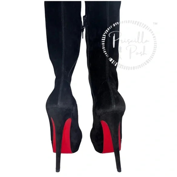 NEW Christian Louboutin Black Suede Gazolina Suede Over The Knee Boots 36.5