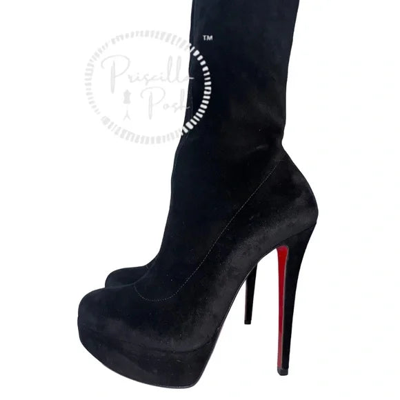 NEW Christian Louboutin Black Suede Gazolina Suede Over The Knee Boots 36.5