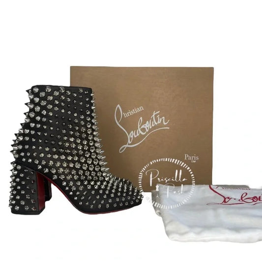 NWB Christian Louboutin Calfskin Louise Capet Spikes 85 Boots Black Silver Stud 36