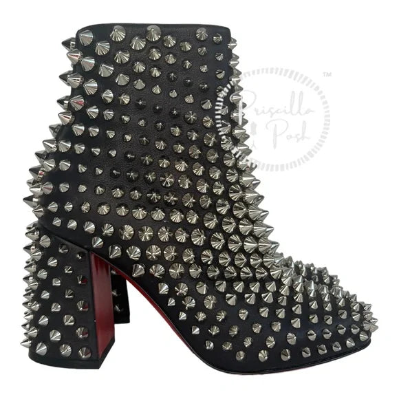 NWB Christian Louboutin Calfskin Louise Capet Spikes 85 Boots Black Silver Stud 36