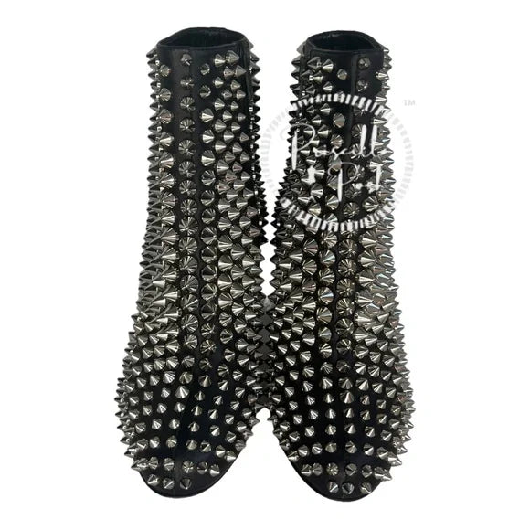 NWB Christian Louboutin Calfskin Louise Capet Spikes 85 Boots Black Silver Stud 36