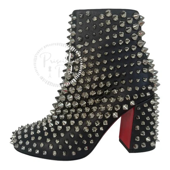 NWB Christian Louboutin Calfskin Louise Capet Spikes 85 Boots Black Silver Stud 36