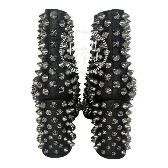 NWB Christian Louboutin Calfskin Louise Capet Spikes 85 Boots Black Silver Stud 36