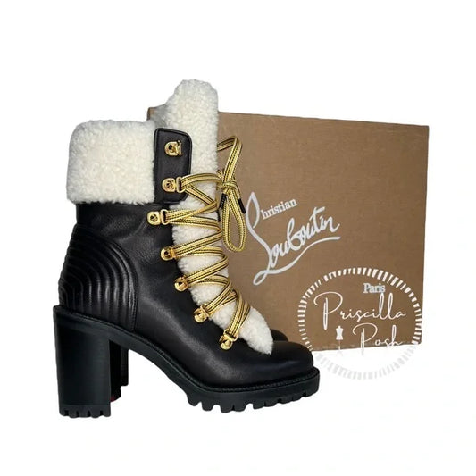 NWB Christian Louboutin Black Calfskin Shearling Yetita 70 combat Hiker Boots 35.5