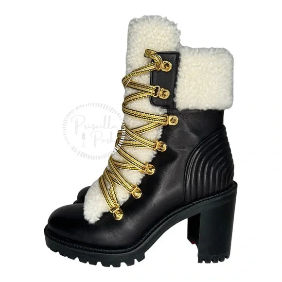 NWB Christian Louboutin Black Calfskin Shearling Yetita 70 combat Hiker Boots 35.5