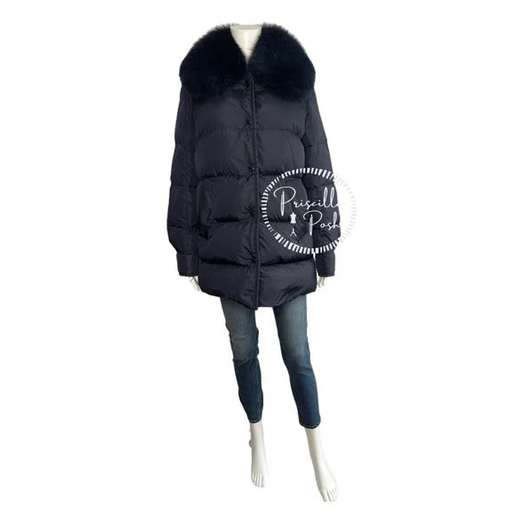 Moncler Navy Blue Long Puffer Jacket with Removable Fox Fur Collar Goose Down 1