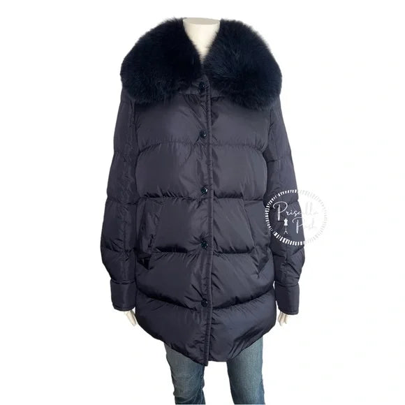 Moncler Navy Blue Long Puffer Jacket with Removable Fox Fur Collar Goose Down 1
