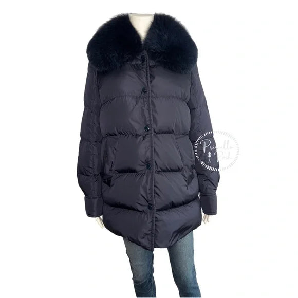 Moncler Navy Blue Long Puffer Jacket with Removable Fox Fur Collar Goose Down 1
