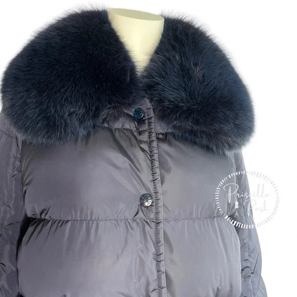 Moncler Navy Blue Long Puffer Jacket with Removable Fox Fur Collar Goose Down 1