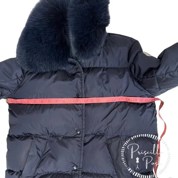 Moncler Navy Blue Long Puffer Jacket with Removable Fox Fur Collar Goose Down 1